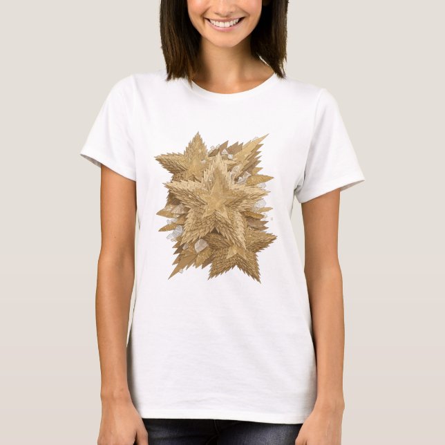 Camiseta Belo Design Ousado de Estrelas Douradas Prateadas (Frente)