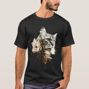 Camiseta Belo Gato Com Flores De Magnólias Mulheres Floral