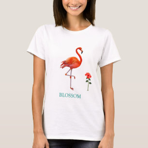 Camiseta Belo pássaro Flamingo Rosa e Flor de Hibisco Verme