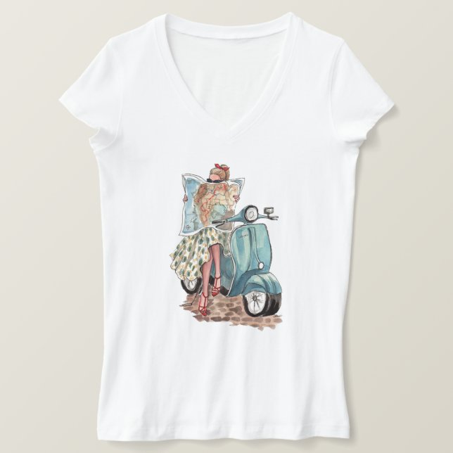 Camiseta Belo viajante europeu na Retro Vespa Moped (Frente do Design)