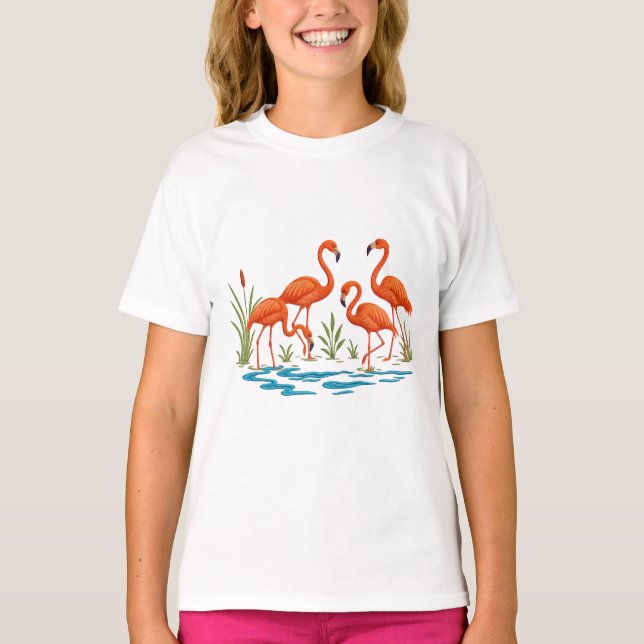 Camiseta Belos flamingos no lago  (Frente)