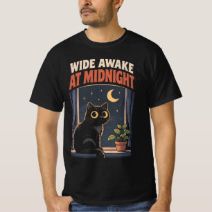 Camiseta Bem Acordado à Meia-Noite Coruja Noturna Gato Pret