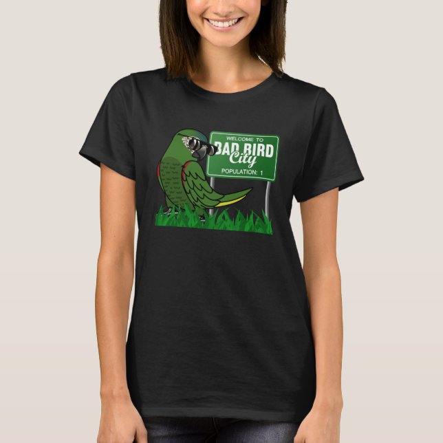 Camiseta Bem-Vindo À Cidade Má De Pássaros Eu Hahns Macaw (Frente)