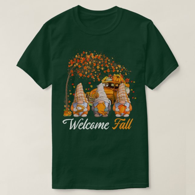 Camiseta Bem-Vindo, Árvore Três Gnomos Com Pumpkins Pic (Frente do Design)