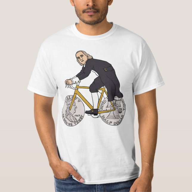 Camiseta Ben Franklin em uma bicicleta com as rodas do meio (Frente)