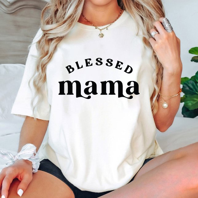 Camiseta Bendito mama 70s Trendy de lançamento do bebê (Blessed mama 70s Retro baby announcement trendy T-Shirt)