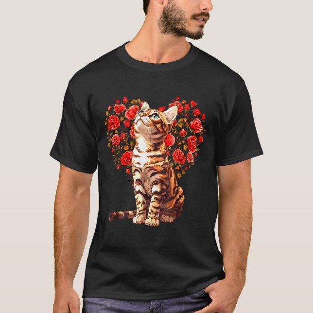 Camiseta Bengal Cat Valentines Day Floral Heart Design For  (Frente)