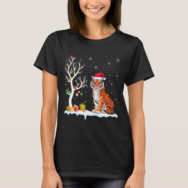 Camiseta Bengal Tiger Santa Hat Festive Tree Light Christma (Frente)