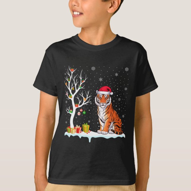 Camiseta Bengal Tiger Santa Hat Festive Tree Light Christma (Frente)