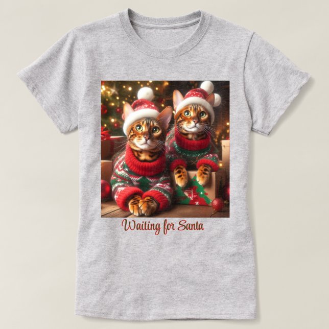 Camiseta Bengala Cats Esperando Papai Noel (Frente do Design)