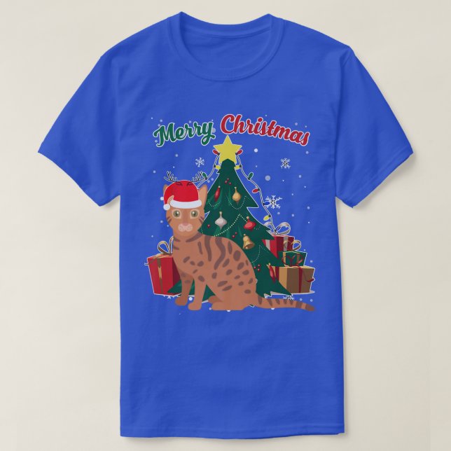 Camiseta Bengala Gato Árvore de Natal Flocos de Neve Presen (Frente do Design)
