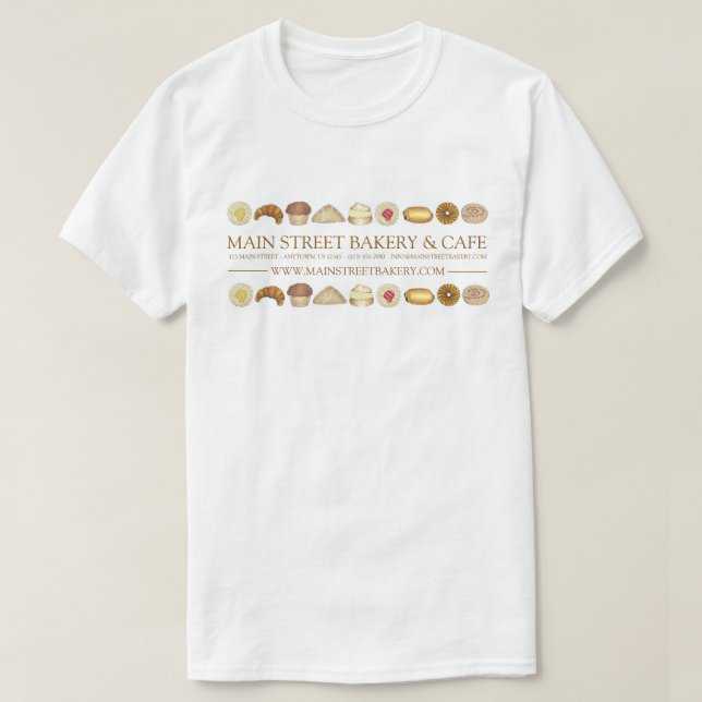 Camiseta Bens De padaria Rosquinha Croissant Muffin Pastris (Frente do Design)