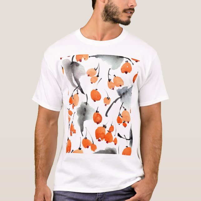 Camiseta Berries, folhas de aquarela, ilustração com tinta, (Frente)