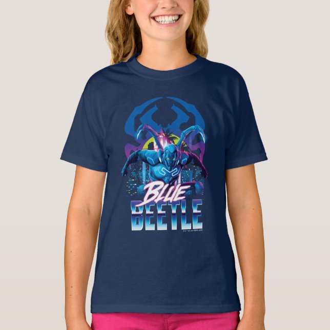 Camiseta Besouro Azul Retrowave City Sunset (Frente)