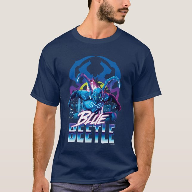 Camiseta Besouro Azul Retrowave City Sunset (Frente)