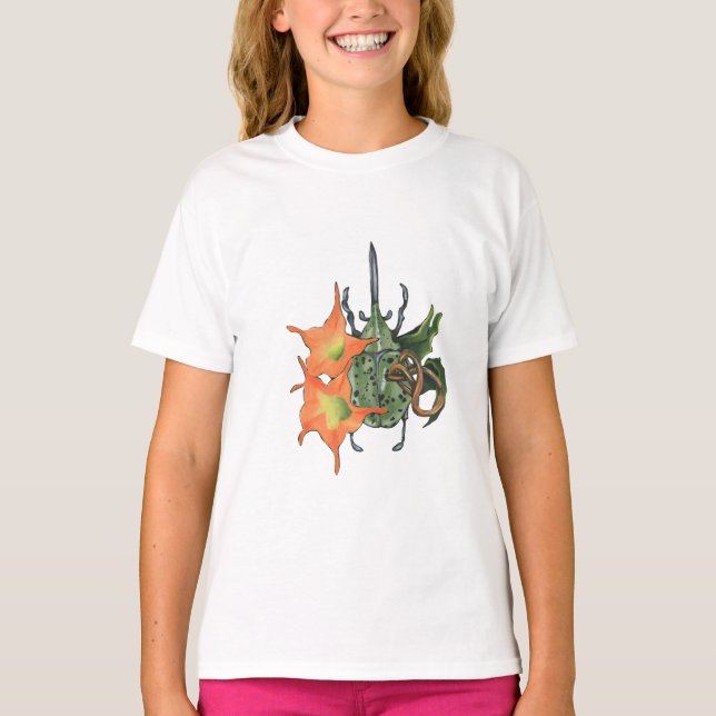 Camiseta Besouro verde com flores laranja (Frente)