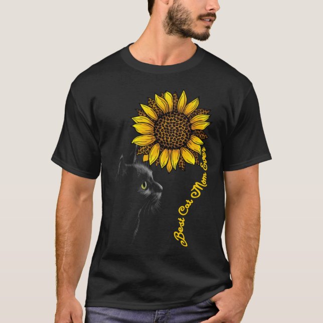 Camiseta Best Cat Mom Ever Sunflower Leopard  Black Cat Mot (Frente)