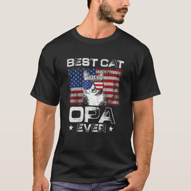 Camiseta Best Cat Opa Ever American Flag Patriotic 4th Of J (Frente)