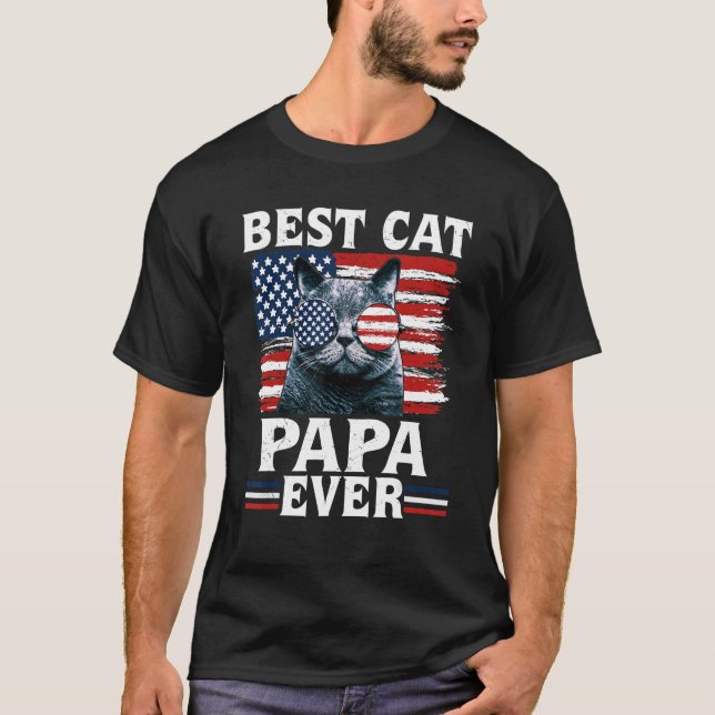 Camiseta Best Cat Papa Ever American Flag Patriotic 4th Of  (Frente)
