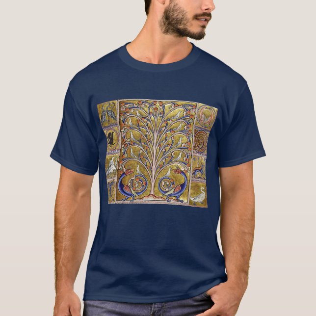 CAMISETA BESTIÁRIO MÉDIO, AVES NA ÁRVORE DA VIDA,DRAGÕES (Frente)