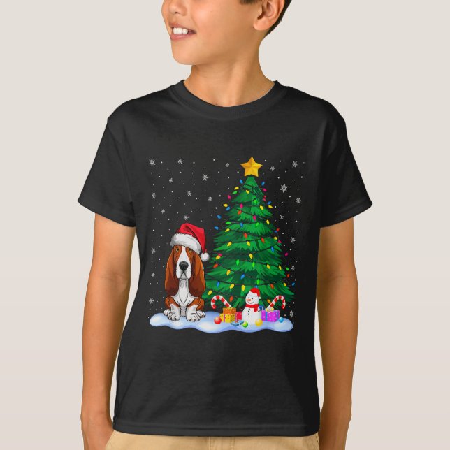 Camiseta Bet Hound Dog Xmas Tree Lights Reindeer Hat Christ (Frente)
