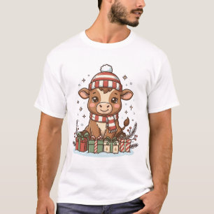 Camiseta Bezerro de Natal Fofo Com Presentes Vetor Vintage_