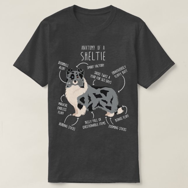 Camiseta Bi Blue Sheltie Shetland Sheepdog Anatomia (Frente do Design)