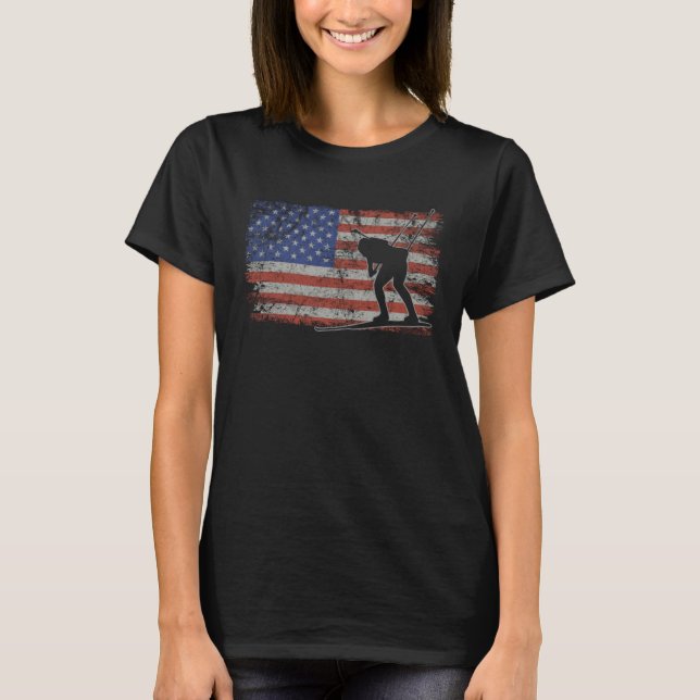 Camiseta Biathlon Retro USA Flag Ski 4th of July Biathlon (Frente)