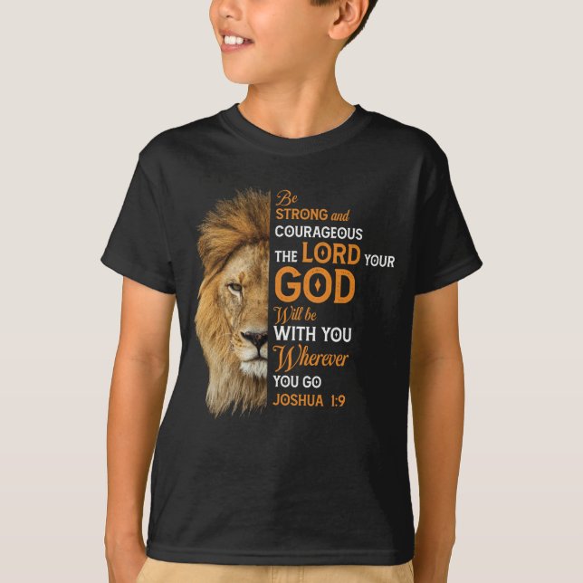 Camiseta Bíblia Cristã Verse Joshua 1 9 Leão Fé (Frente)