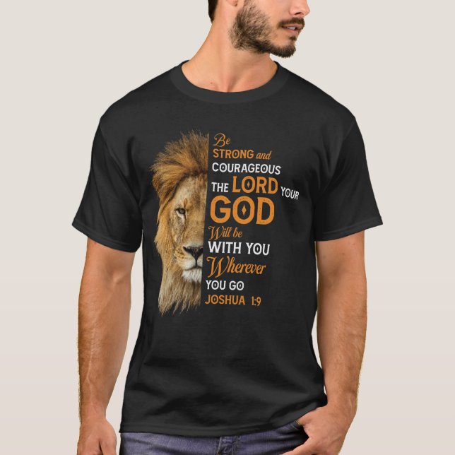 Camiseta Bíblia Cristã Verse Joshua 1 9 Leão Fé (Frente)