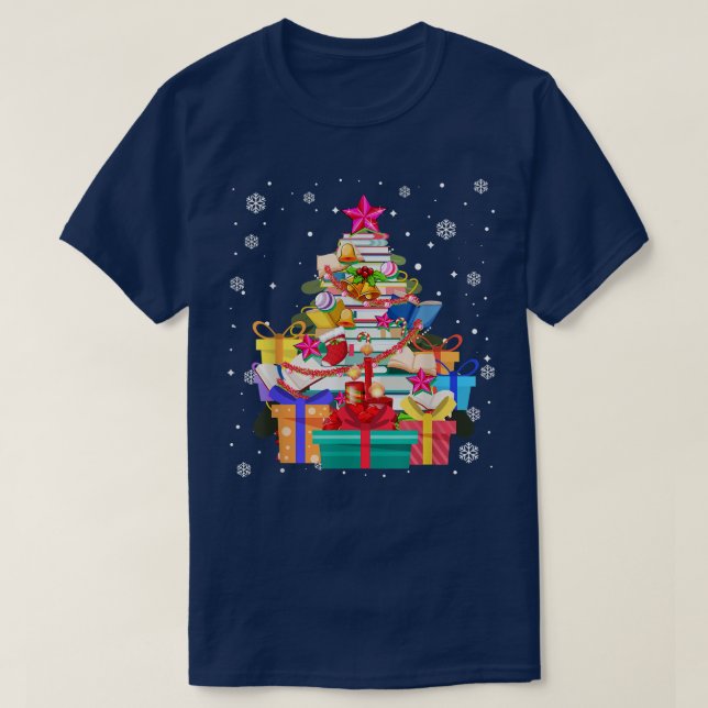 Camiseta Biblioteca da Árvore de Natal Luzes da Árvore Aman (Frente do Design)
