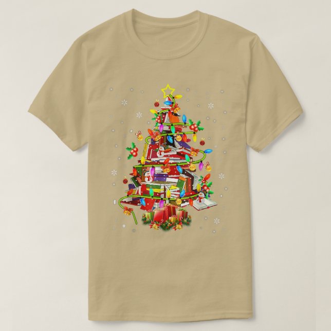 Camiseta Biblioteca de Árvore Xmas Lights Tree Book Lover L (Frente do Design)