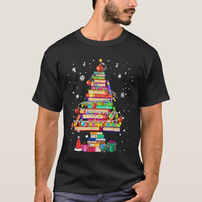 Camiseta Biblioteca de Natal Feliz Livro de Árvores Lover L (Frente)