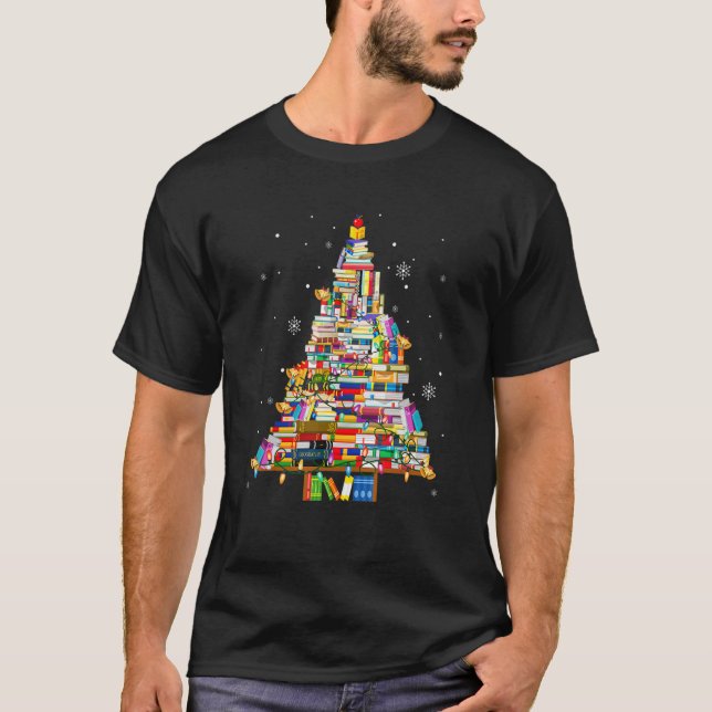 Camiseta Biblioteca De Natal - Luzes De Árvore Para Bibliot (Frente)