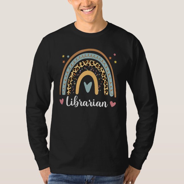 Camiseta Bibliotecário Boho Rainbow Leopardo De Volta À Esc (Frente)