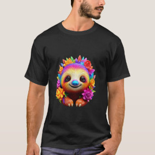 Camiseta Bicho-Preguiça Arco-Íris Fofo com Flores Desenho A