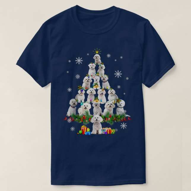 Camiseta Bichon Frise Árvore de Natal Luz Engraçado Cachorr (Frente do Design)
