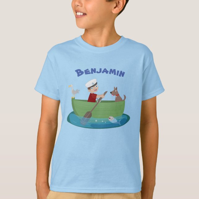 Camiseta Bicicleta de barco a remos, menino e cão bonito (Frente)
