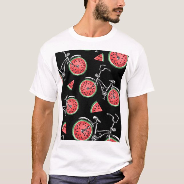 Camiseta Bicicletas de roda de melancia, padrão de verão. (Frente)
