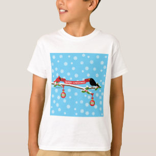 Camiseta Bico-Negro E Cardeal Em Ramificação - MERRY XMAS