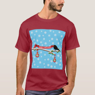 Camiseta Bico-Negro E Cardeal Em Ramificação - MERRY XMAS