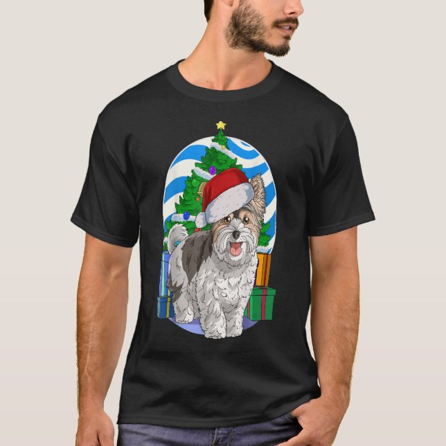 Camiseta Biewer Terrier Dog Papais noeis na árvore de natal (Frente)