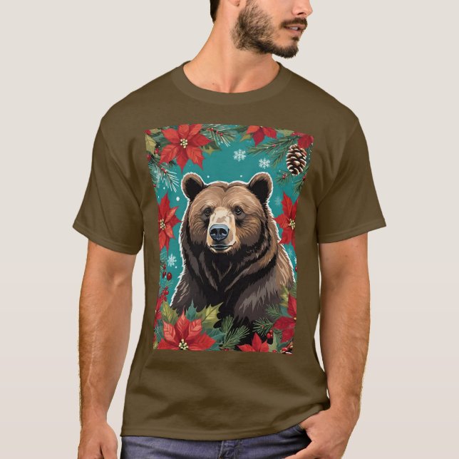Camiseta Big Christmas Brown Bear With Poinsettias (Frente)