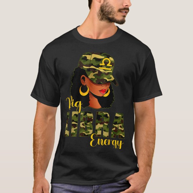 Camiseta Big Libra Energy Camouflage Black Woman Cap Zodiac (Frente)