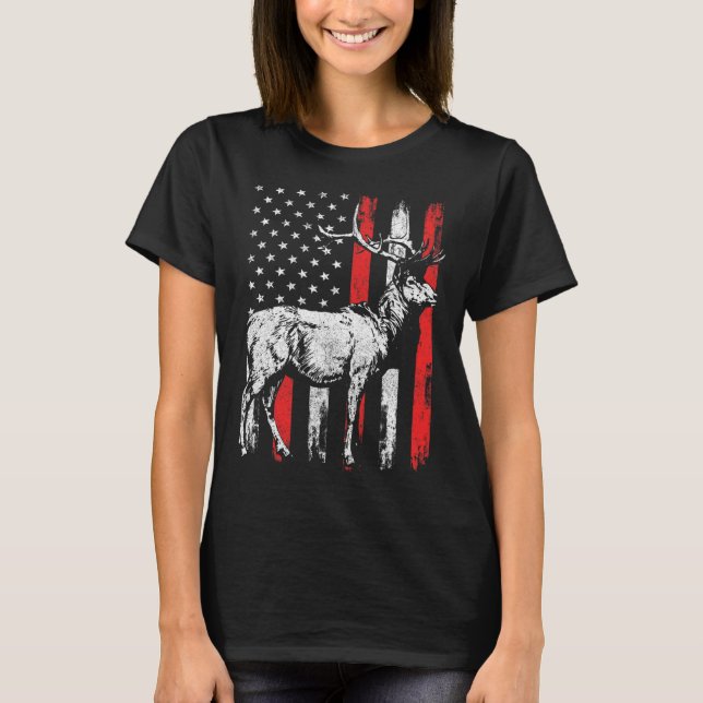 Camiseta Big Mule Deer Hunter American Flag Shirts (Frente)