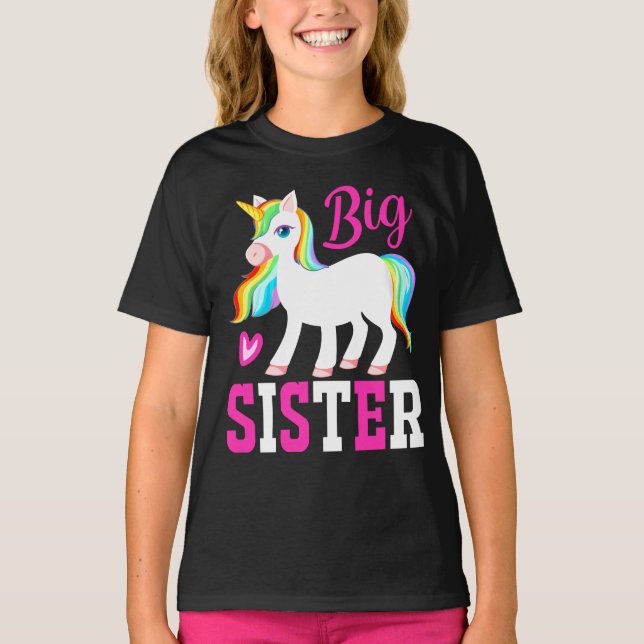 Camiseta Big Sister Magical Unicorn com Rainbow Mane & Tail (Frente)