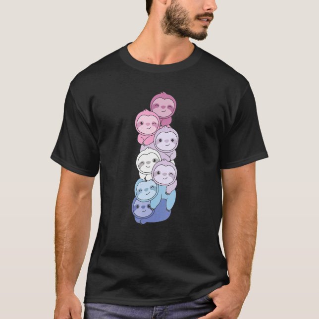 Camiseta Bigender Flag Pile Pride Lgbtq Sloths Cute Bigende (Frente)
