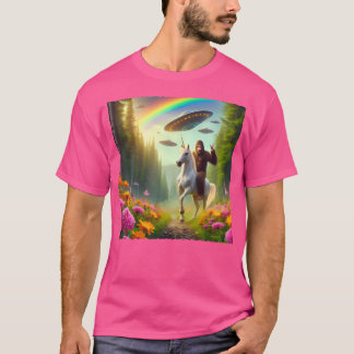 Camiseta Bigfoot Andando Unicorn Bigfoot Selfie Com Ufos Nó