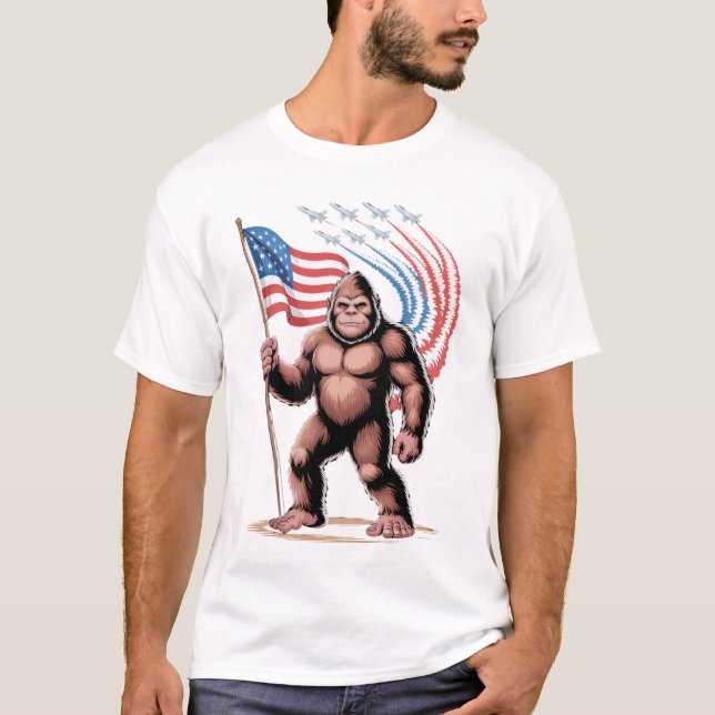 Camiseta Bigfoot Fighter Jets 4 de julho Sasquatch America (Frente)