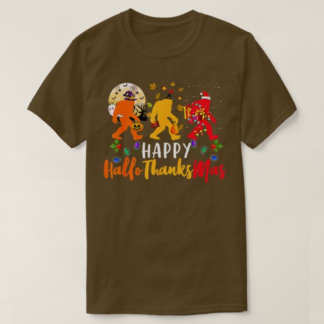 Camiseta Bigfoot Happy Hallothanksmas Dia das Bruxas (Frente do Design)